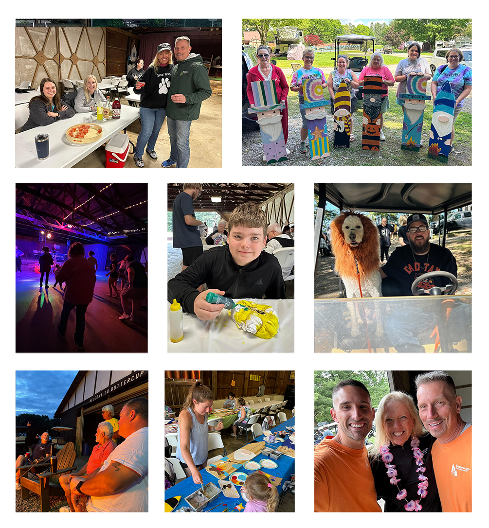 Collage photo of pool,cornhole, playground,field and campfire 